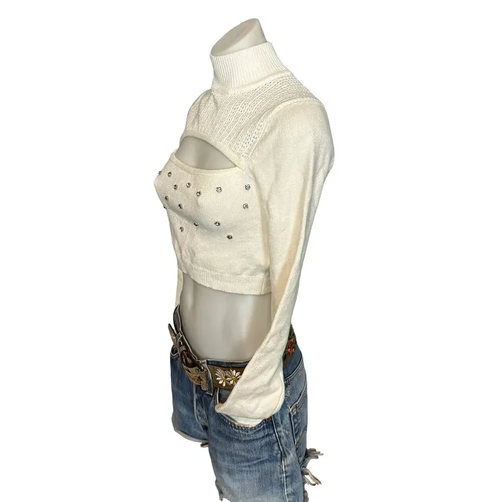 Lovers + Friends White Knit Crop Top SMALL Rhinestone Going Out Revolve $218 NEW - Picture 5 of 8